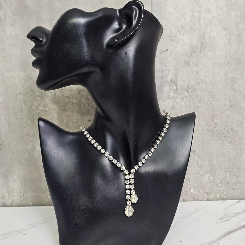 Vintage Rhinestone Choker Necklace Silvertone Clear Crystal Y-Drop 14" Gatsby